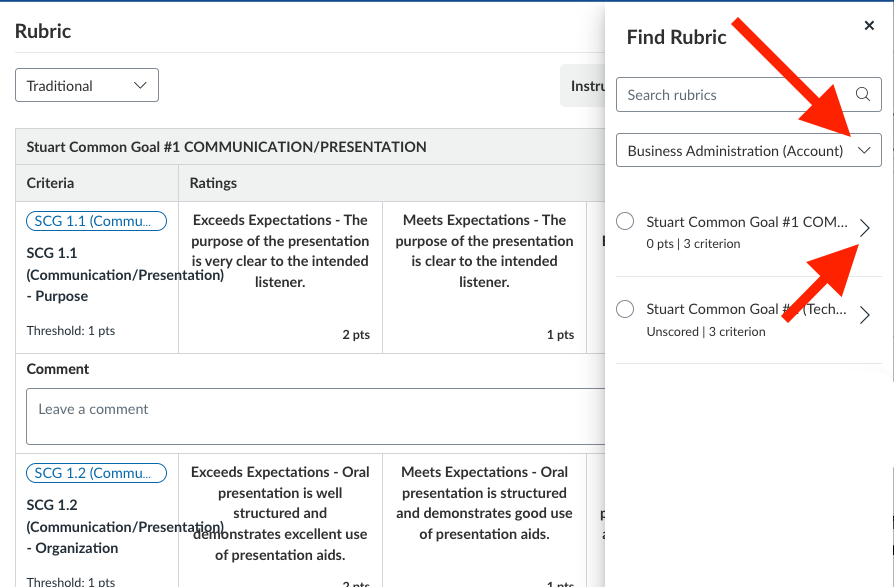 Find Rubric' pop-up window. A red arrow points to a dropdown menu set to 'Business Administration (Account).' A second arrow points to a right-facing chevron icon next to the rubric titled 'Stuart Common Goal #1 COMMUNICATION/PRESENTATION.
