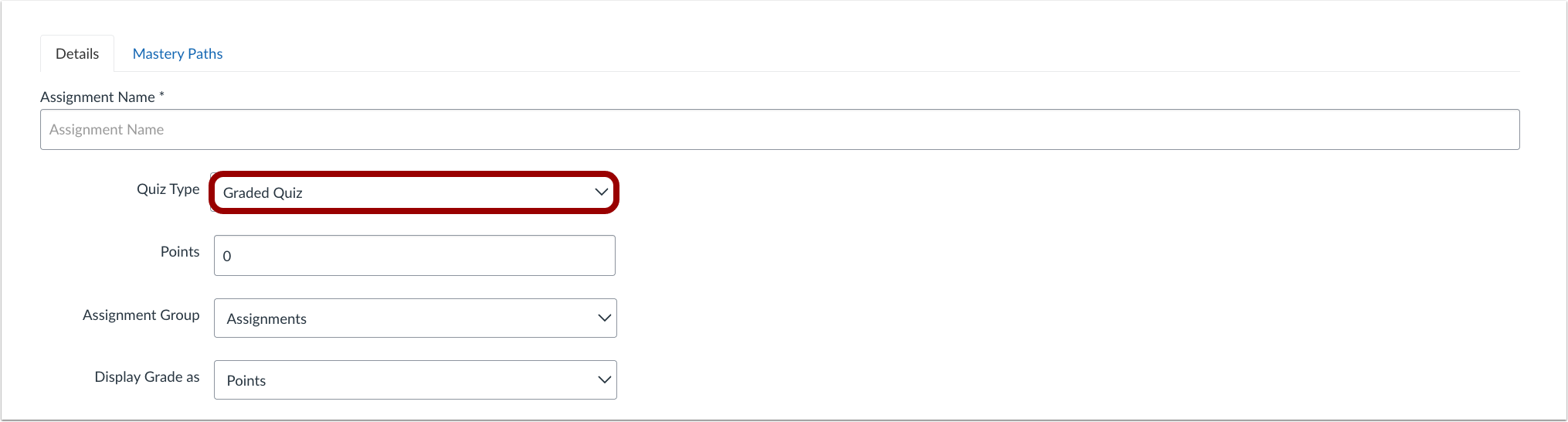 Screenshot highlighting how to set quiz type