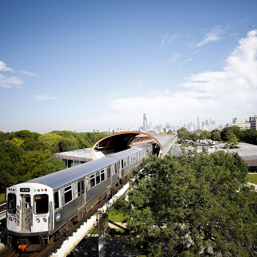 Photo of the MTCC with the train going through the tube