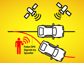 Diagram of two vehicles and one vehicle is being led down an incorrect path due to false GPS signals by spoofer