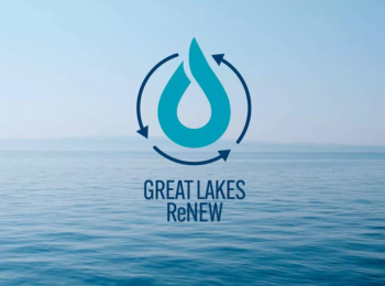 Image of great lakes with water symbol and diagrammatic circle above with words "Great Lakes ReNew"