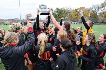 The Illinois Tech women's soccer team celebrates its NACC tournament title on Saturday, November 8, on Mies Campus
