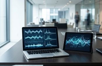 Computer monitors display graphs in an office.