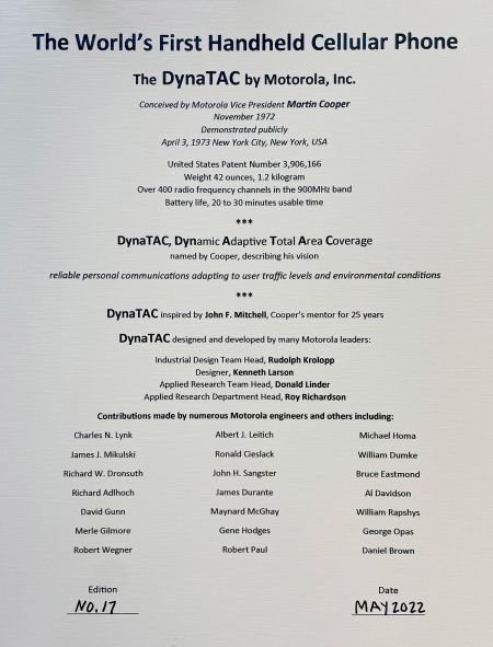 Plaque donated by alumnus Marty Cooper along with DynaTAC phone