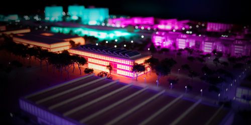 Building model and microgrid at night with florescent lights lighting up model