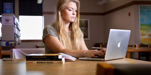 Illinois Tech alumna Monika Sziron works on a laptop