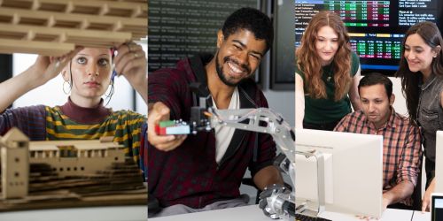 Triptych of students working on an architectural scale model, assembling electronics in a lab, and collaborating at a computer monitor.