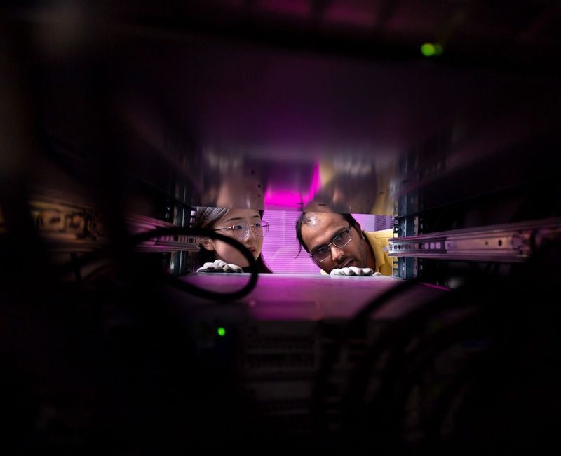 Student researchers look inside a server