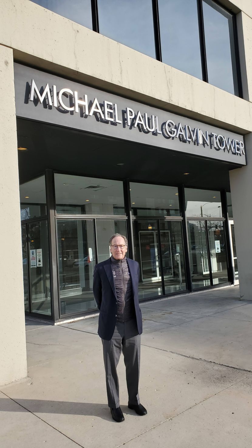 Mike with his namesake, Michael Paul Galvin Tower 2021